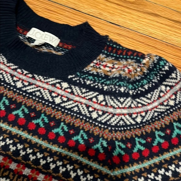 J. Crew Puff Sleeve Fair isle Crew Neck Sweater Navy Cherries SMALL - Picture 5 of 7